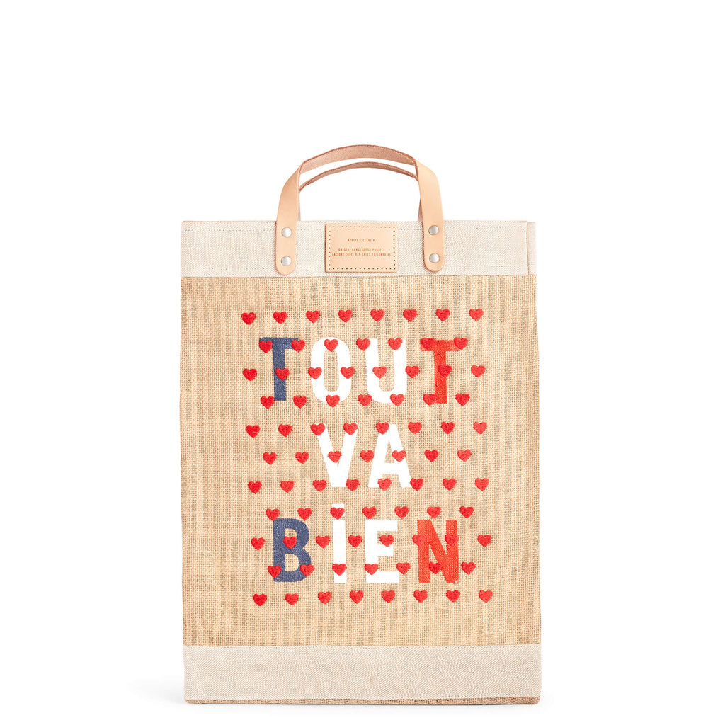 Market Tote in Natural for Clare V. “Tout Va Bien” with Heart Embroide