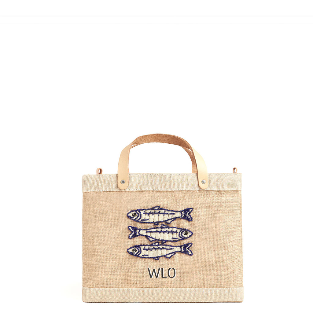 Petite Market Bag with hand-beaded glass sardines by Apolis