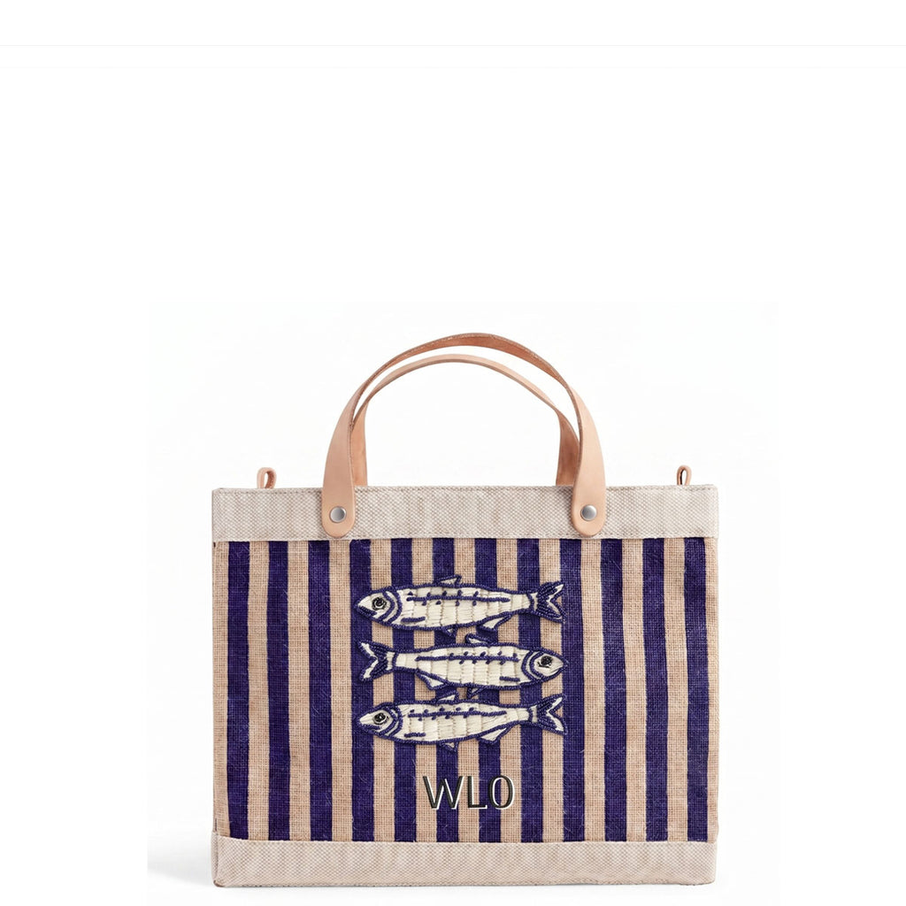 Petite Market Bag in Navy Stripe with hand-beaded glass sardines by Apolis