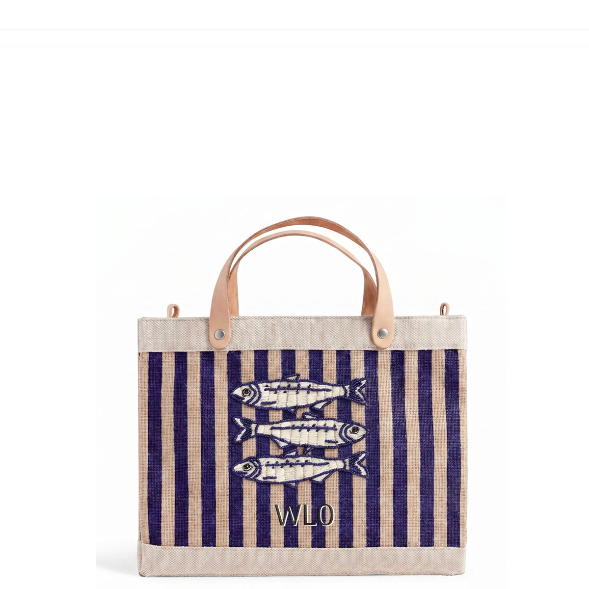 Petite Market Bag in Navy Stripe with hand-beaded glass sardines by Apolis
