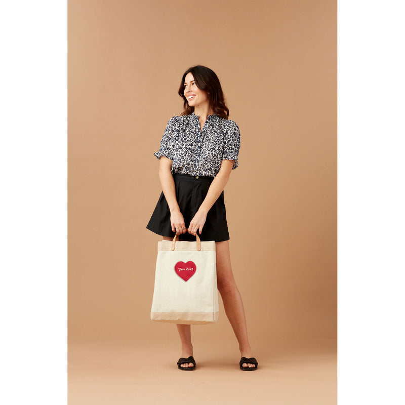 Market Bag in White with Embroidered Red Heart