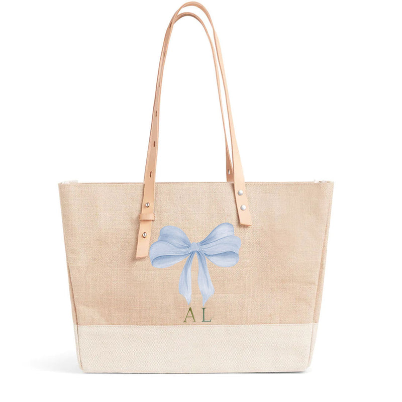 Shoulder Market Bag in Natural with Powder Blue Bow by Amy Logsdon