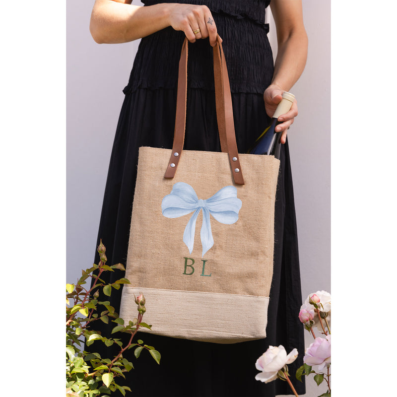 Wine Tote in Natural with Powder Blue Bow by Amy Logsdon
