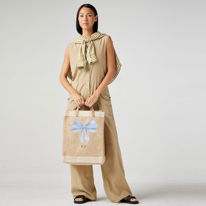 Market Bag in Natural with Powder Blue Bow by Amy Logsdon