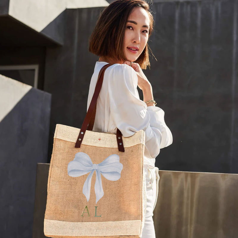 Market Tote in Natural with Powder Blue Bow by Amy Logsdon