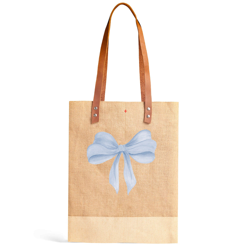 Wine Tote in Natural with Powder Blue Bow by Amy Logsdon