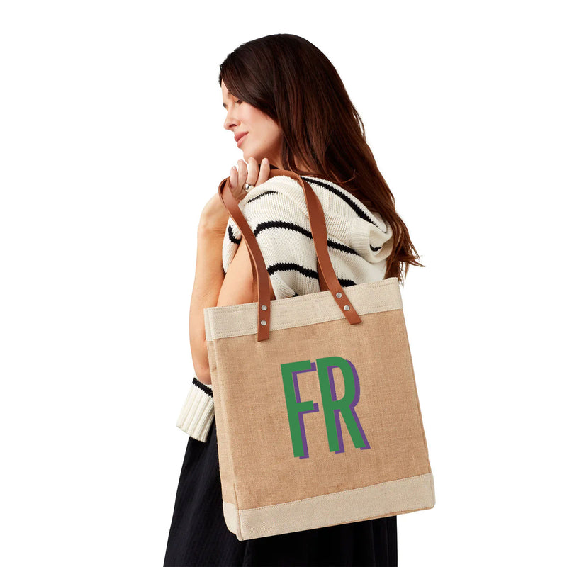 Market Tote in Natural with Large Green Monogram