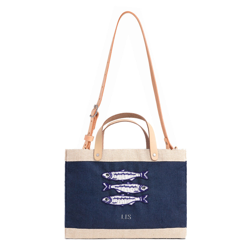 Petite Market Bag in Navy with Beaded Sardines with Strap