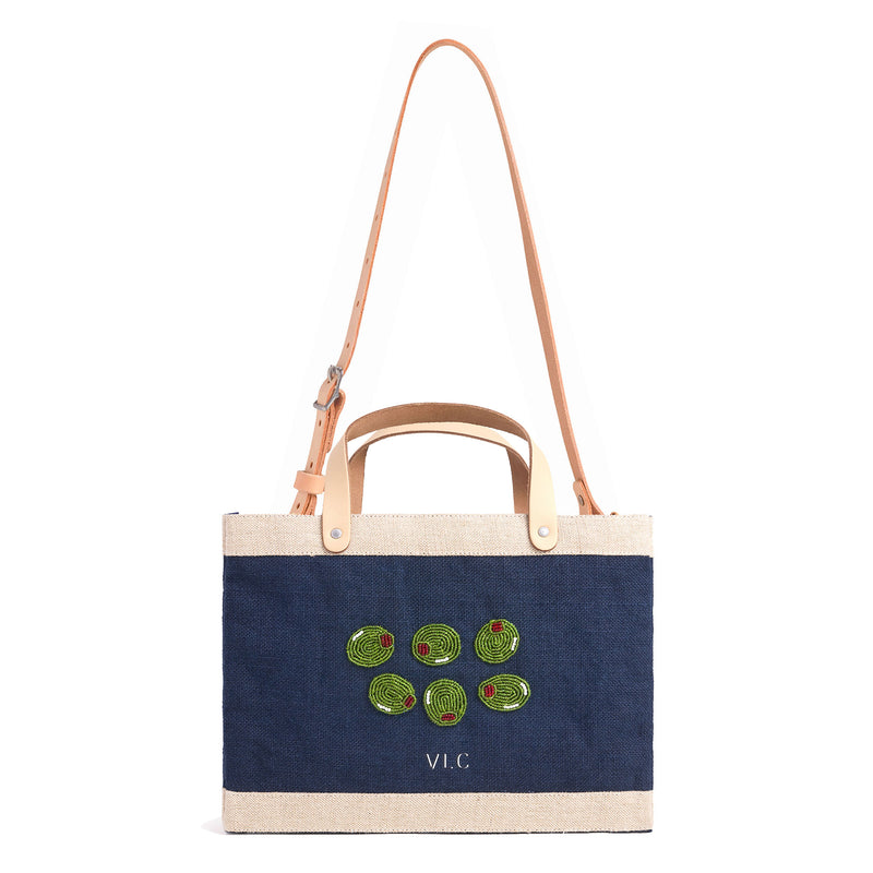 Petite Market Bag in Navy with Beaded Olives with Strap