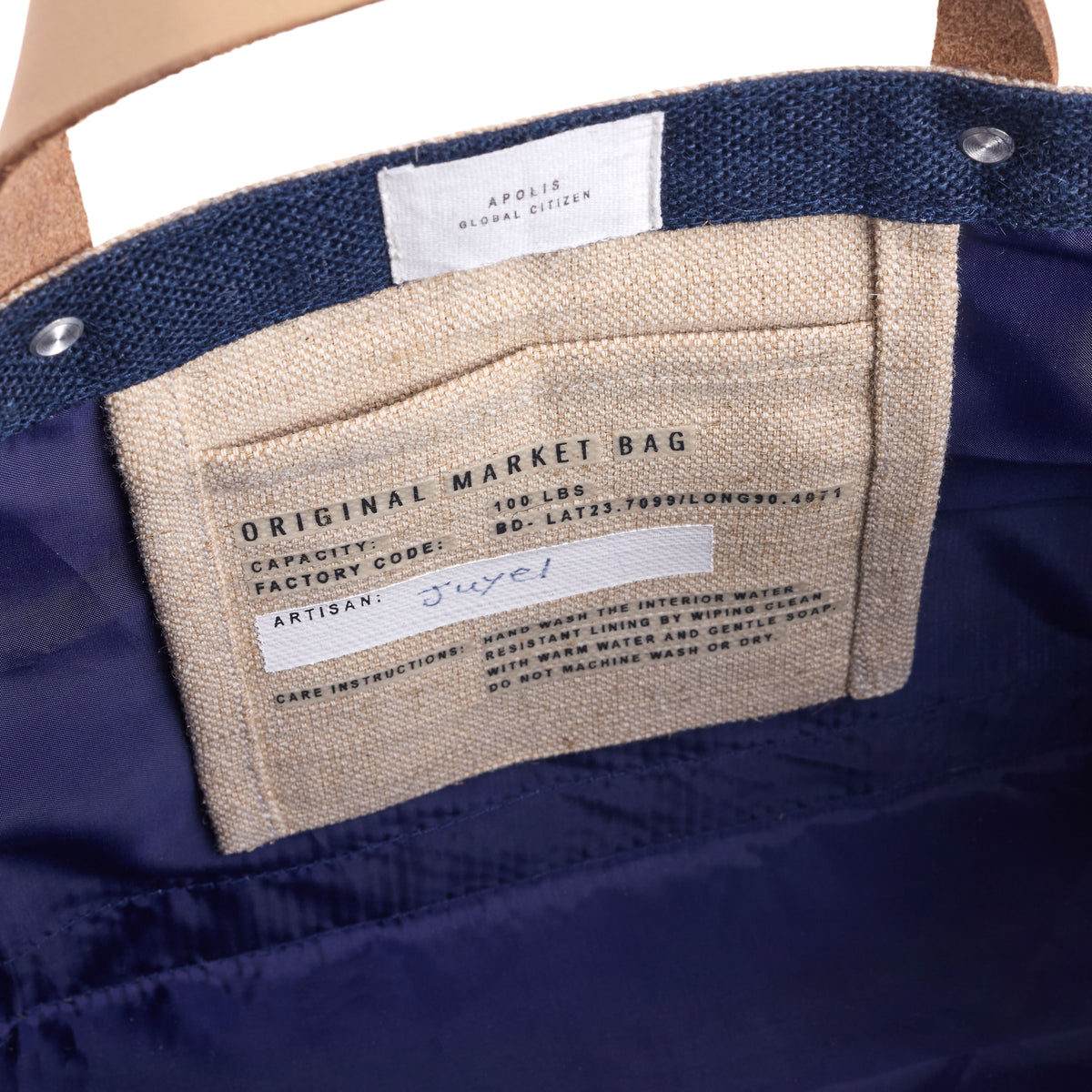 Petite Market Bag in Navy with hand-beaded glass sardines by Apolis — product view 5