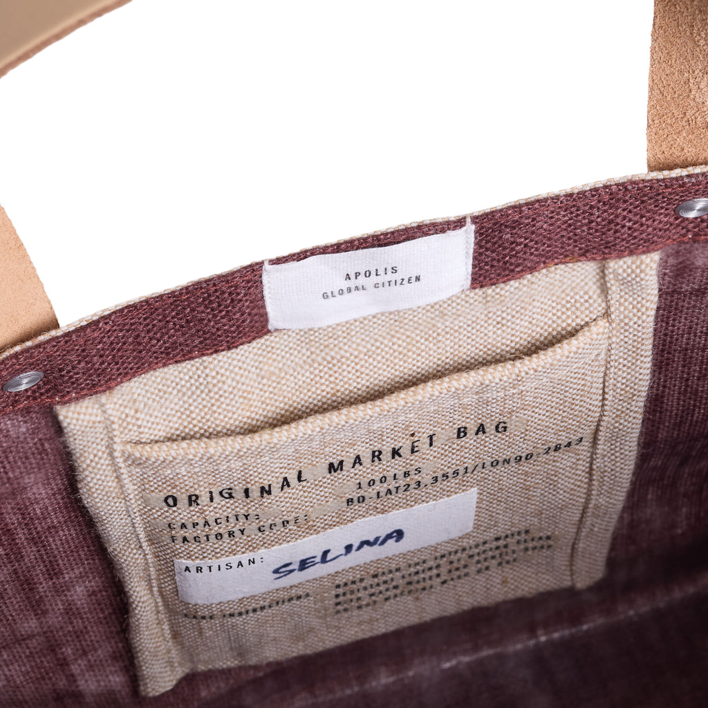 Petite Market Bag in Mulberry — interior and artisan label