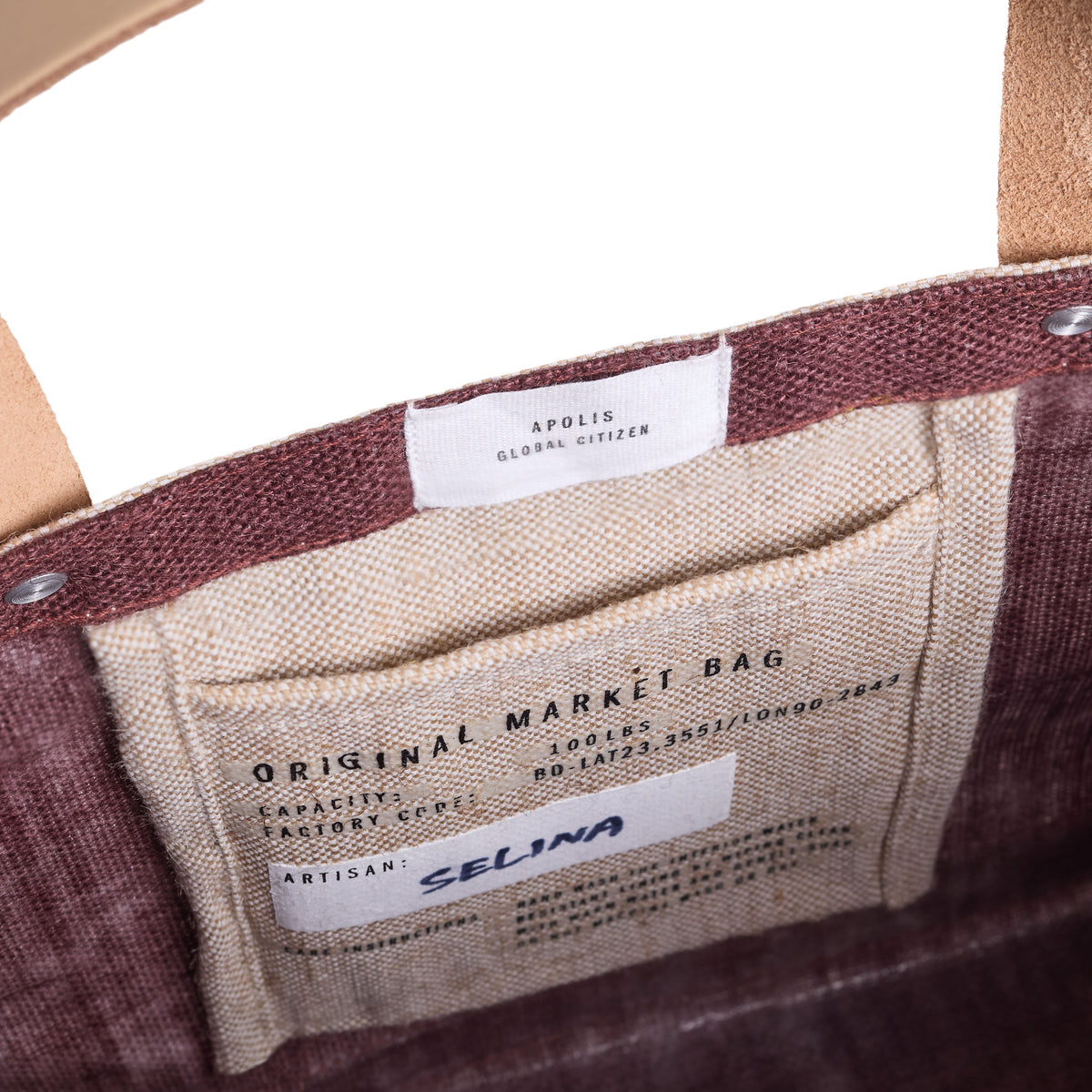 Petite Market Bag in Mulberry — interior and artisan label