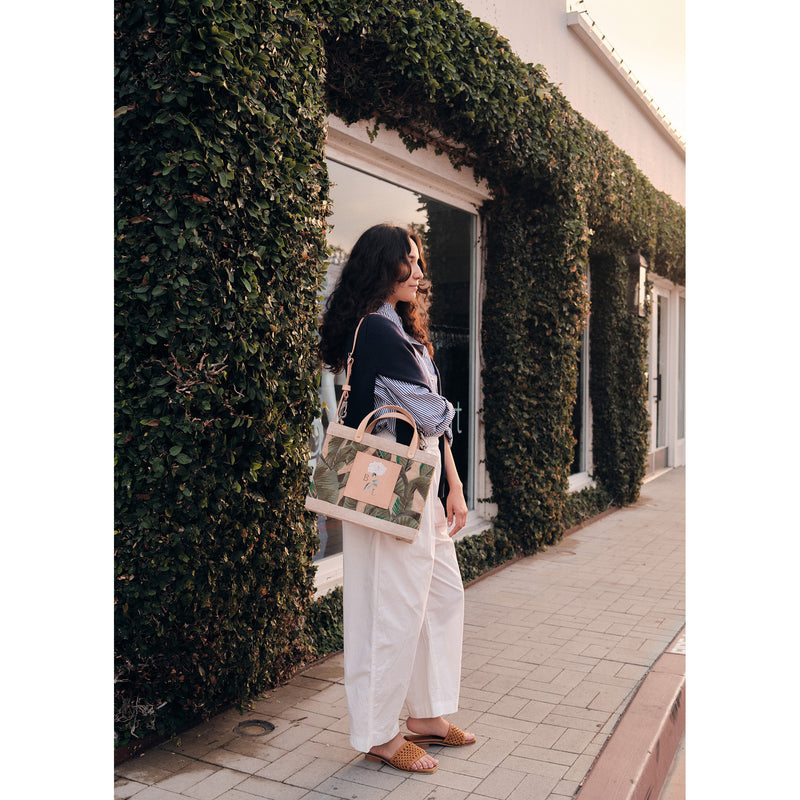 Embroidered Palm Leaf Petite Market Bag with Adjustable Handle Peony