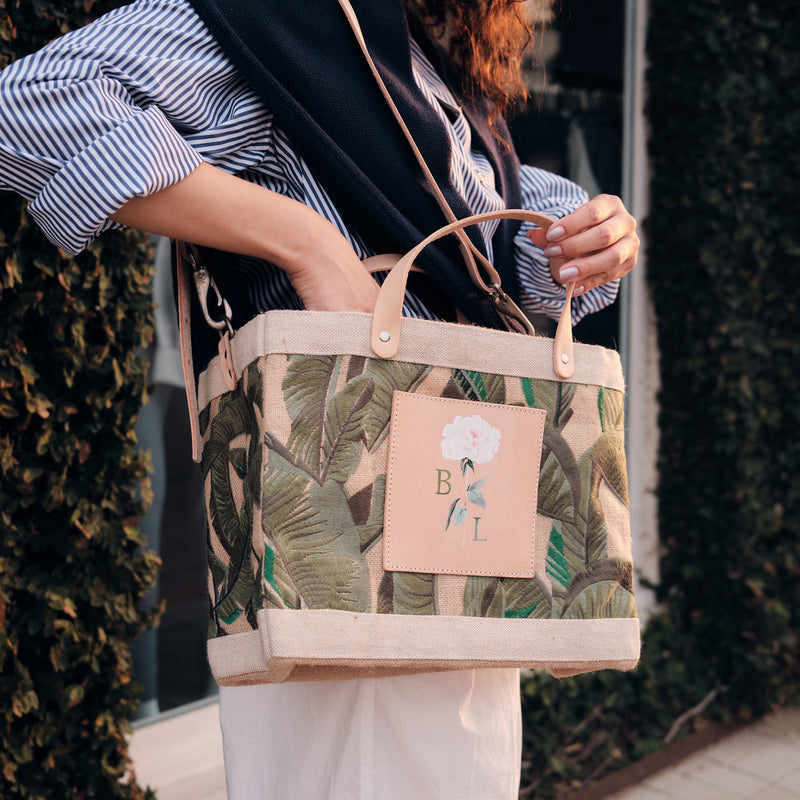 Embroidered Palm Leaf Petite Market Bag with Adjustable Handle Peony