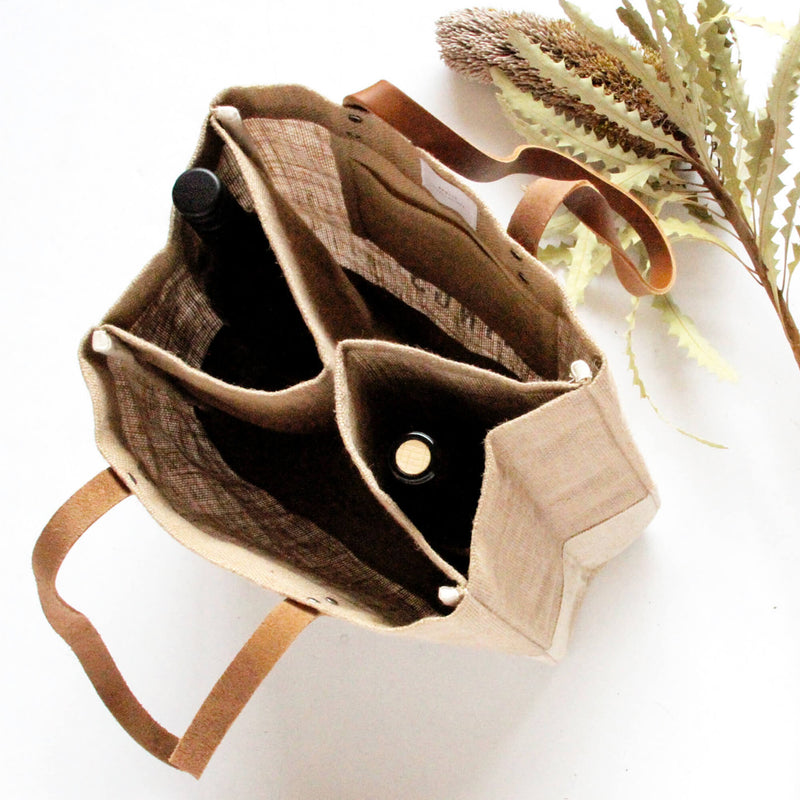Wine Tote in Natural with Powder Blue Bow by Amy Logsdon