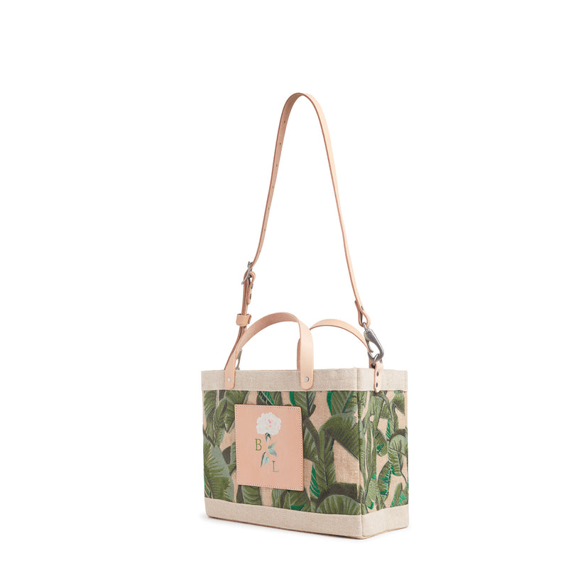 Embroidered Palm Leaf Petite Market Bag with Adjustable Handle Peony