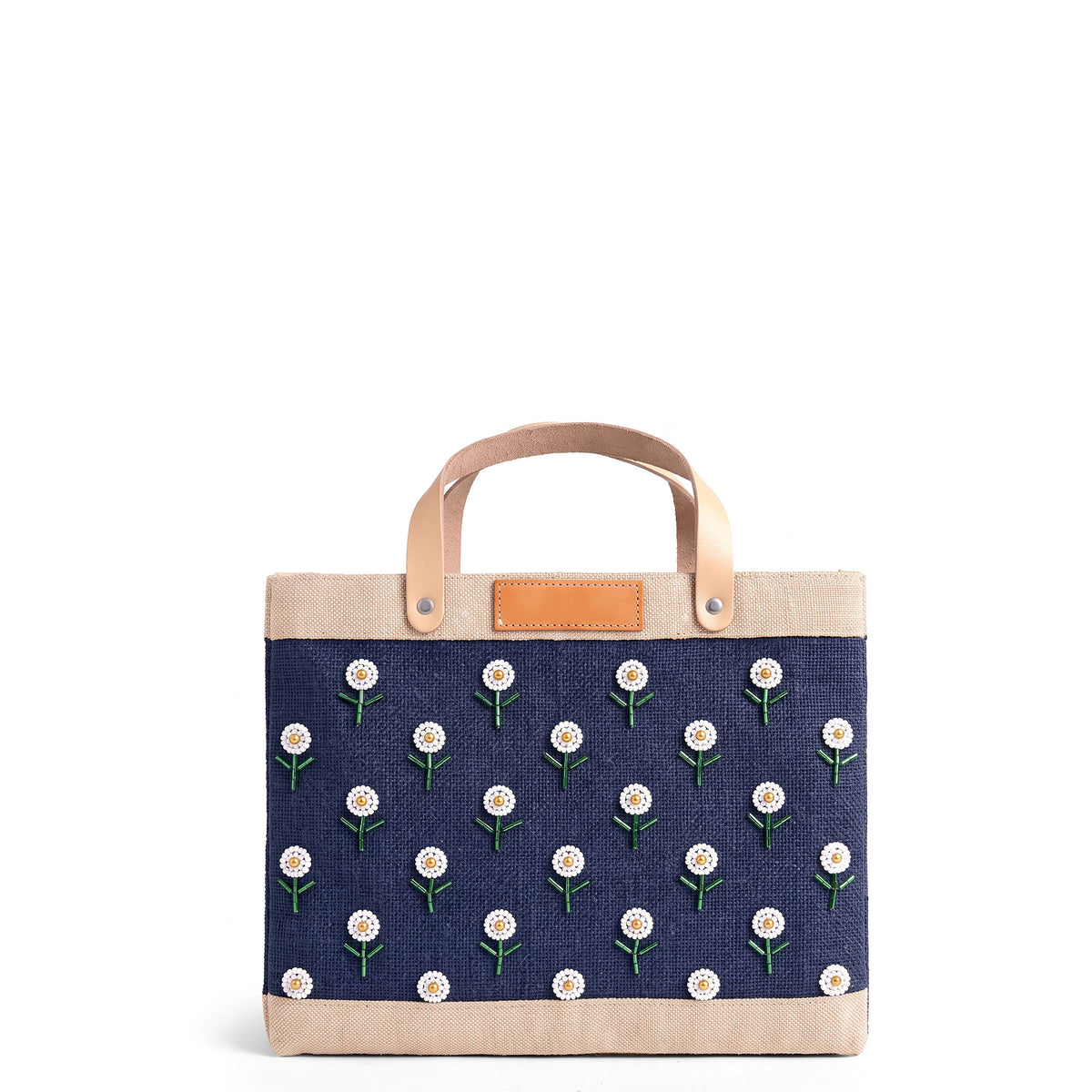 Petite Market Bag in Navy with Beaded Flowers