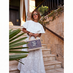Petite Market Bag in Navy Stripe with hand-beaded glass sardines by Apolis — product view 4