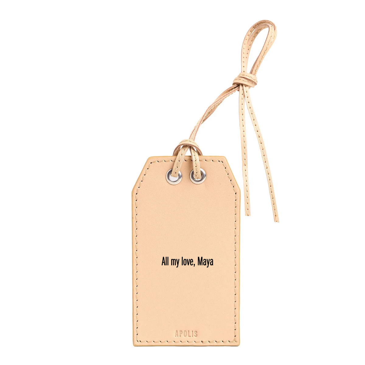Natural leather gift tag showing an example personalized note: All my love, Maya.