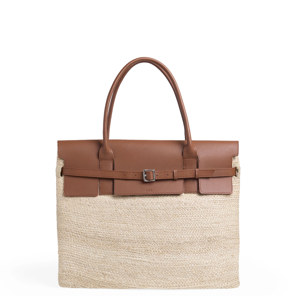 Large Marche Belted Bag in natural woven fibers with brown leather handles and belt closure.