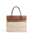 Large Marche Belted Bag in natural woven fibers with brown leather handles and belt closure.