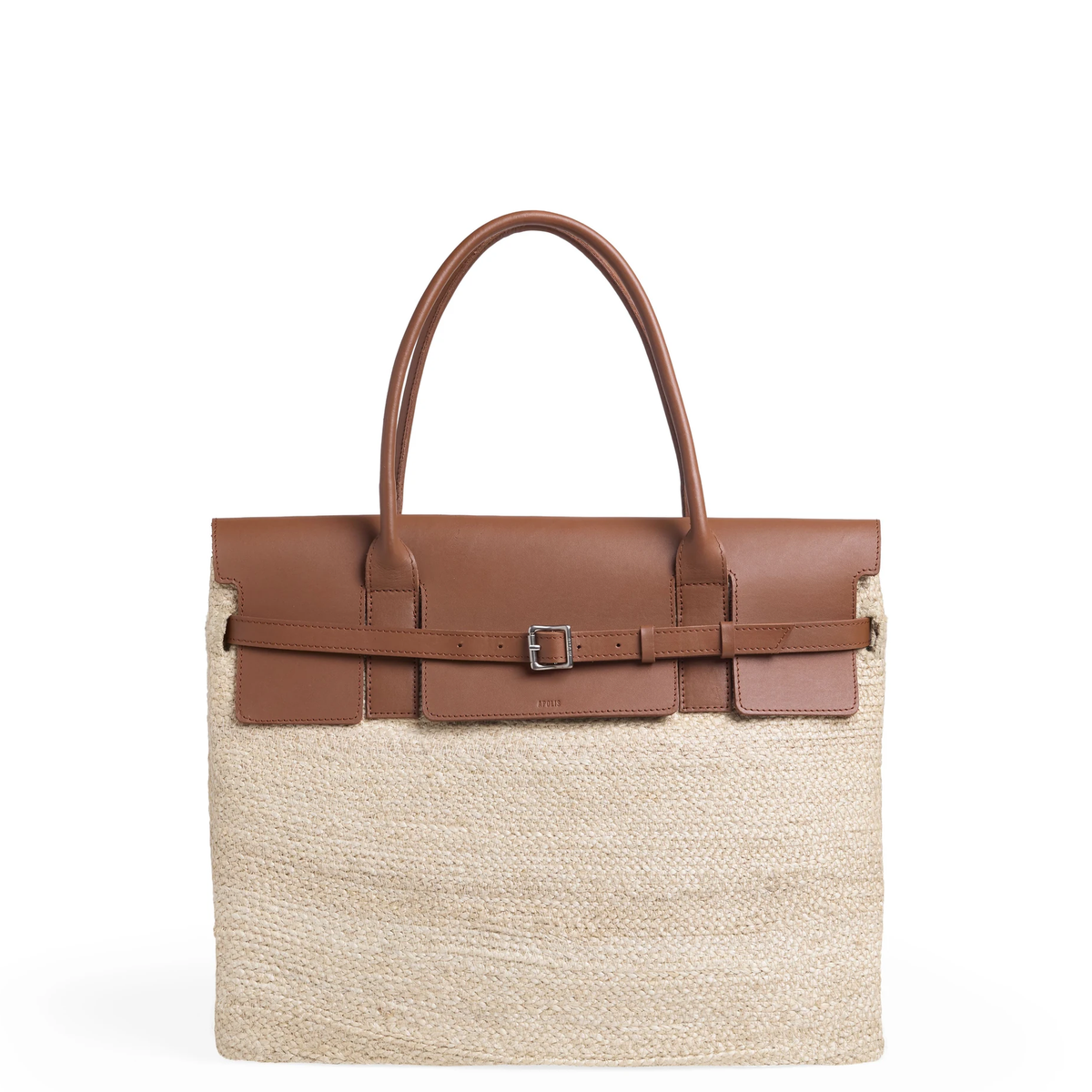 Large Marche Belted Bag in natural woven fibers with brown leather handles and belt closure.