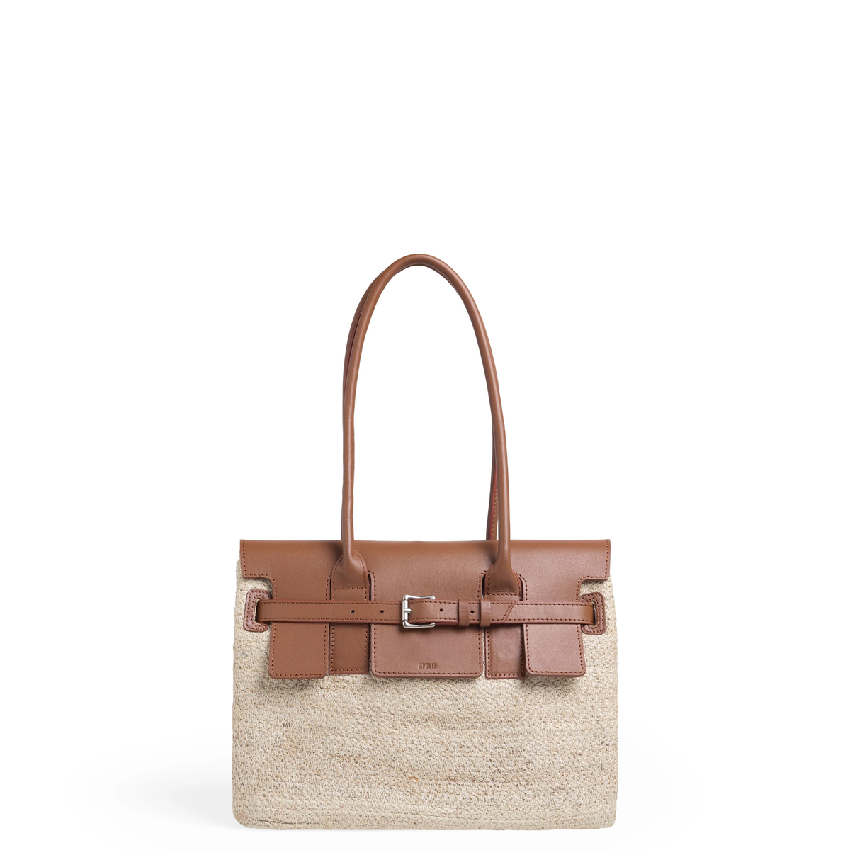 Petite Marche Belted Bag in natural woven fibers with brown leather handles and belt closure.