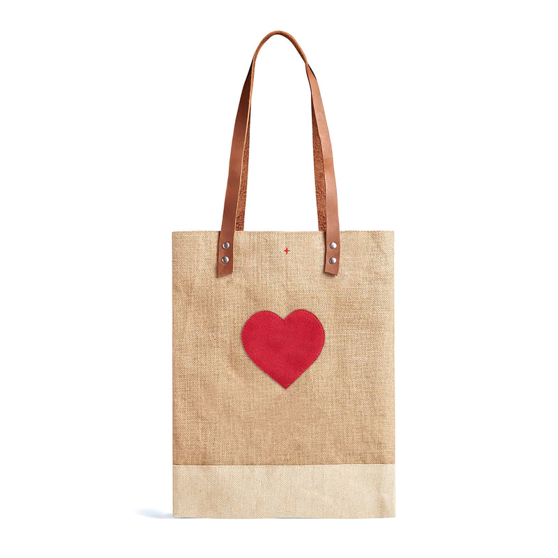 Wine Tote in Natural with Embroidered Heart