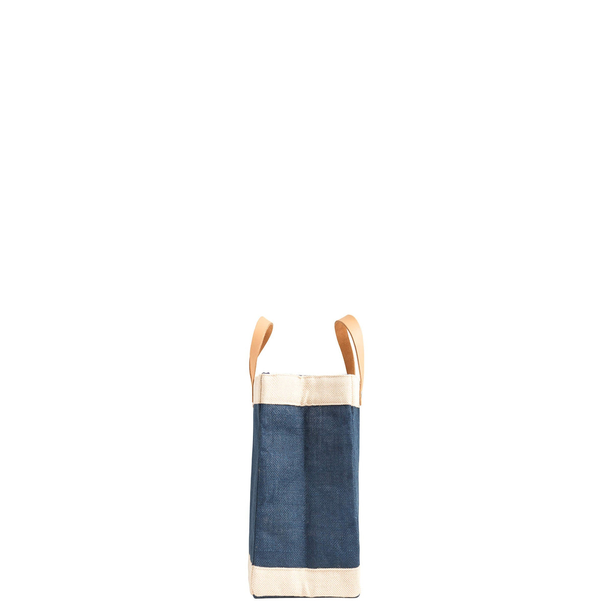 Generic Navy Petite Market Bag side profile with cream trim and light leather handles.