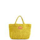 Petite Mercado Tote in Ocre — handwoven open-weave jute tote, front view with gold foil monogram on the leather patch
