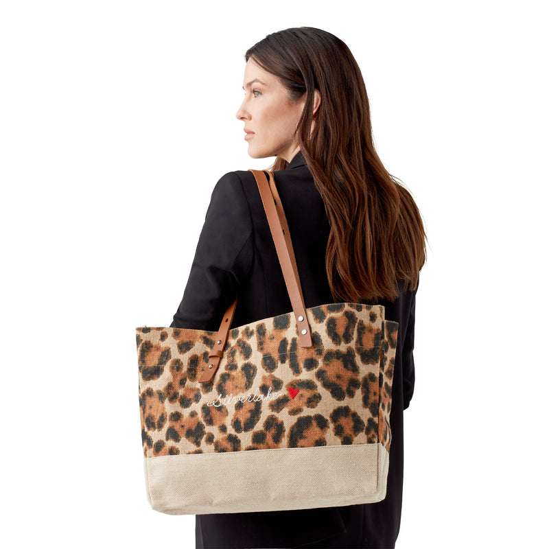 Shoulder Market Bag in Cheetah with Embroidery