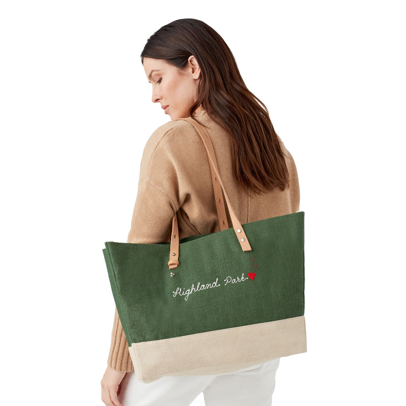 Shoulder Market Bag in Field Green with Embroidery