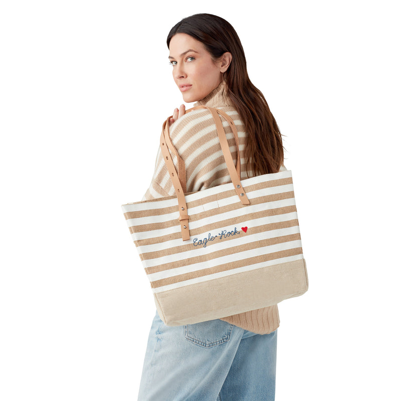 Shoulder Market Bag in White Stripe with Embroidery