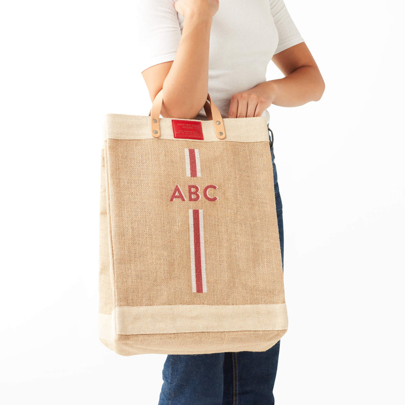 Market Bag in Natural with Red Monogram