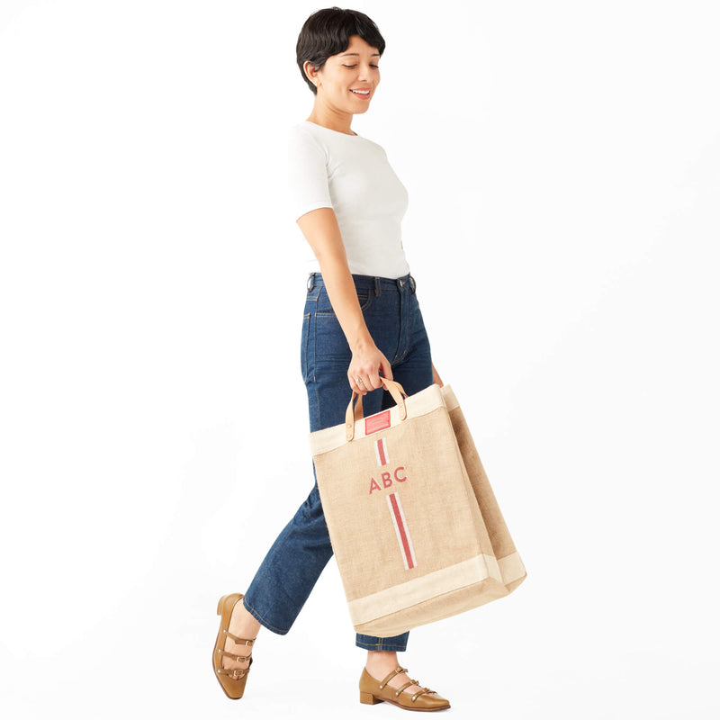Market Bag in Natural with Red Monogram