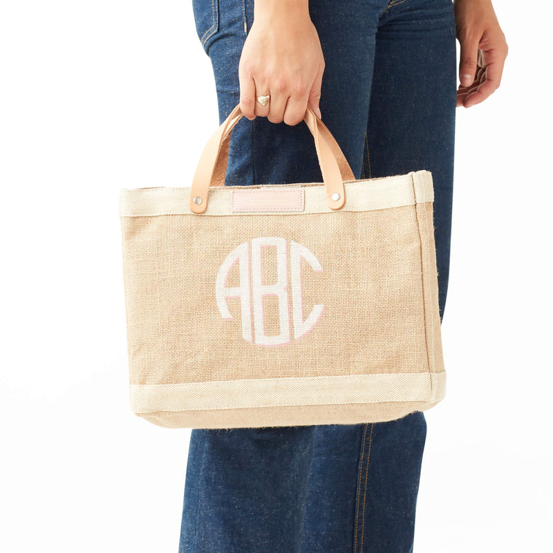Petite Market Bag in Natural with Pink Round Monogram