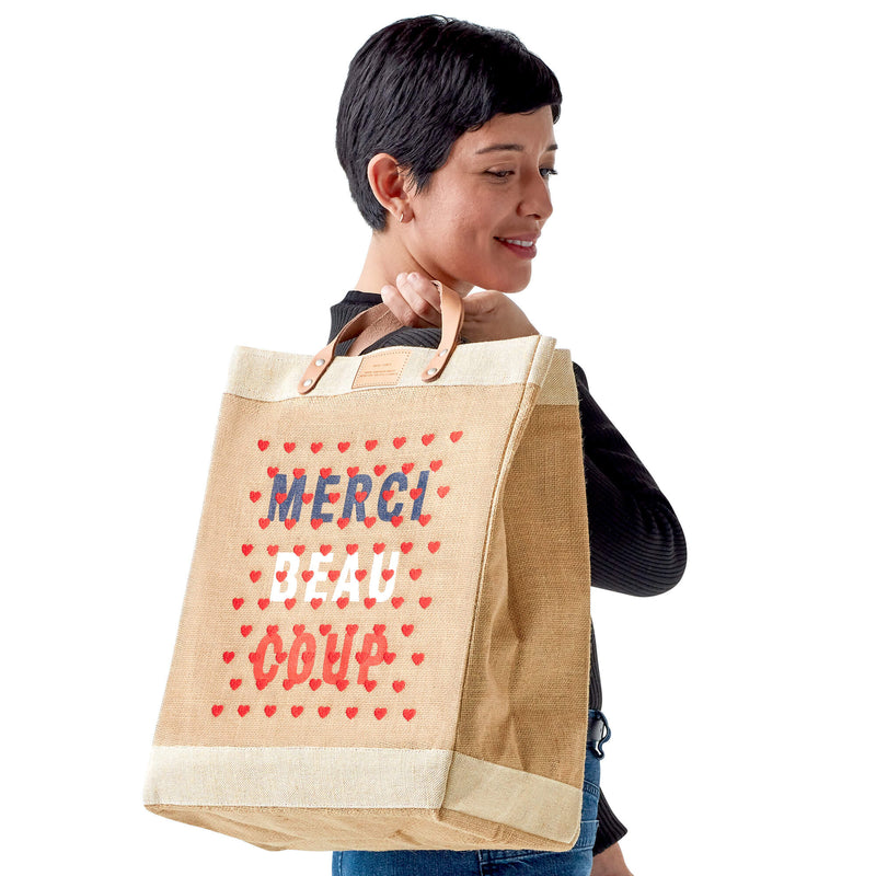 Market Bag in Natural for Clare V. “Merci Beau Coup” with Heart Embroidery