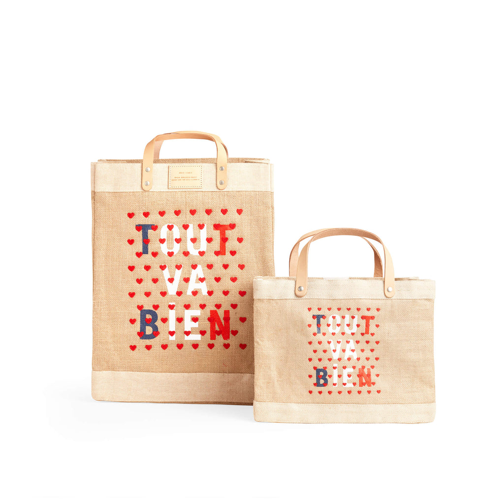 Market Bag in Natural for Clare V. “Tout Va Bien” with Heart Embroider