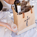 Wine Tote in Natural with Black Monogram