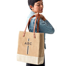 Wine Tote in Natural with Black Monogram