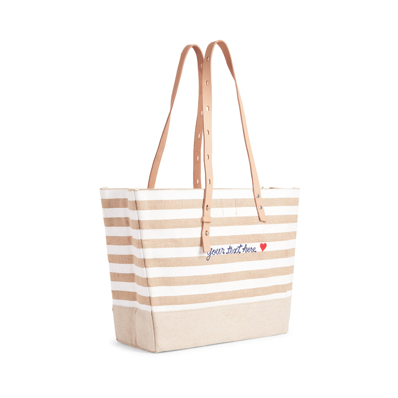 Shoulder Market Bag in White Stripe with Embroidery