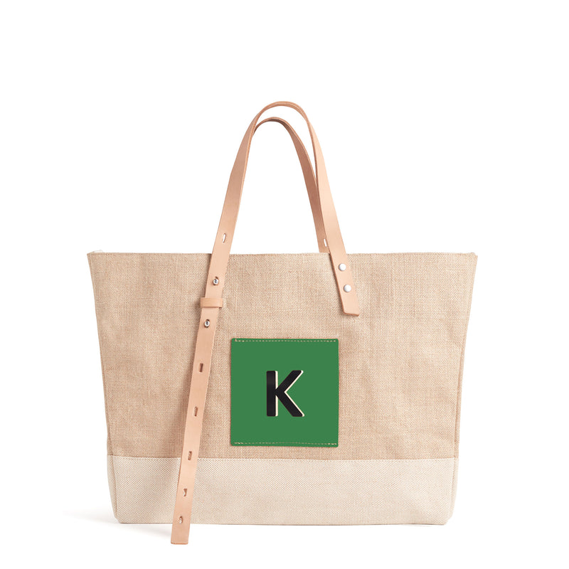 Shoulder Market Bag in Natural "Alphabet Collection"  with Italian Green Leather